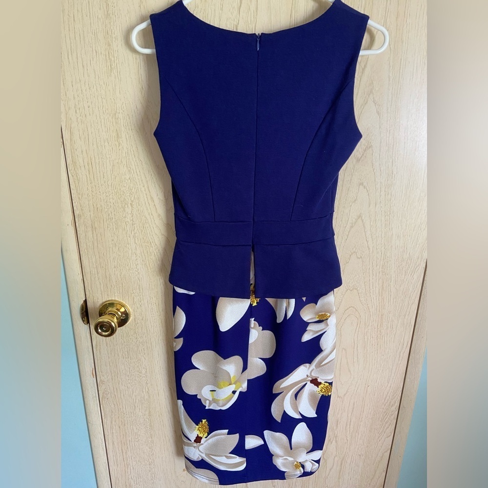 🩷 Oxiuli Fashions Korean Dress Navy Fitted Floral Peplum Dress Sz Small - Picture 8 of 11